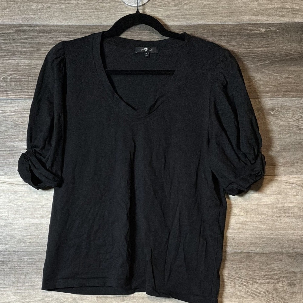 7 For All Mankind Womens XL Black Puff Sleeve V Neck Top Ruched 100% Cotton